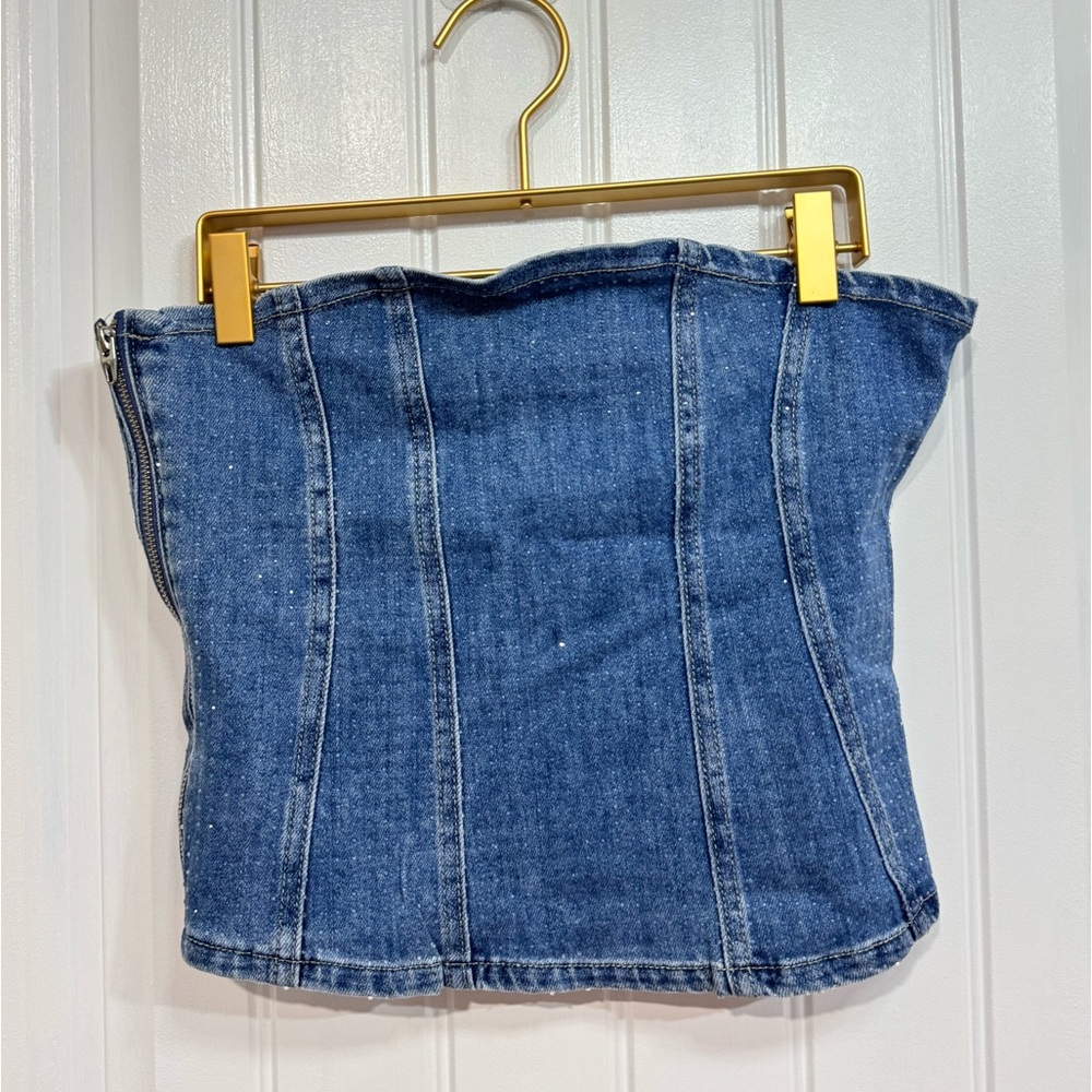 Denim Strapless Corset Tube Top - Blue